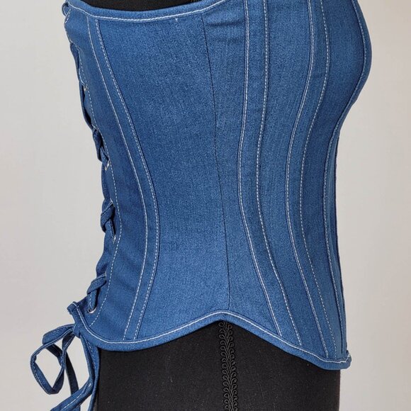 Sexy Blue Denim Corset With Zipper - Picture 7 of 9